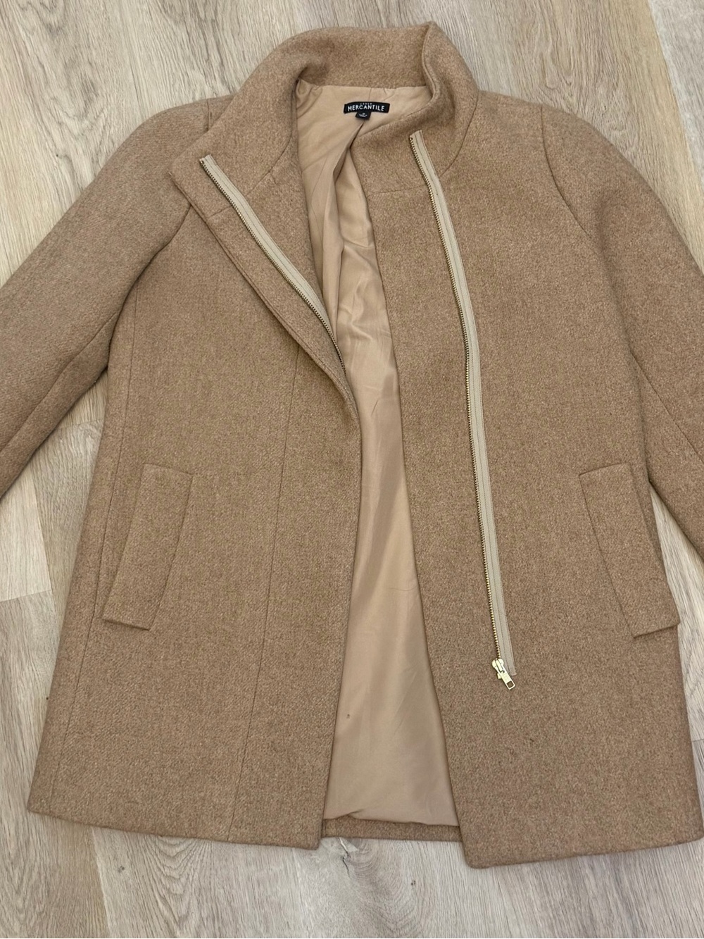 J. Crew Mercantile Camel Stand-Collar Wool Zip Front Pea Coat - Picture 6 of 9